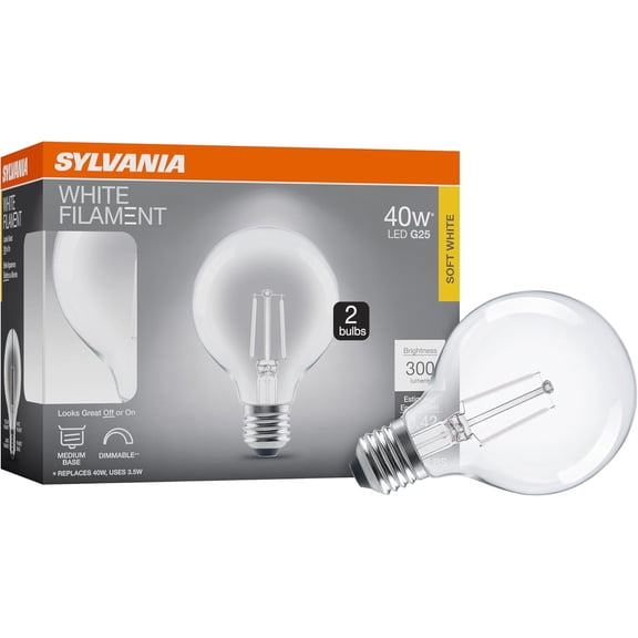PLUHKN-Sylvania G25 Clear Globe LED White Filament Bulb, 3.5W, Dimmable, 300 LMS, Medium Base, 2700K, Soft White - 2 Pack (42254)