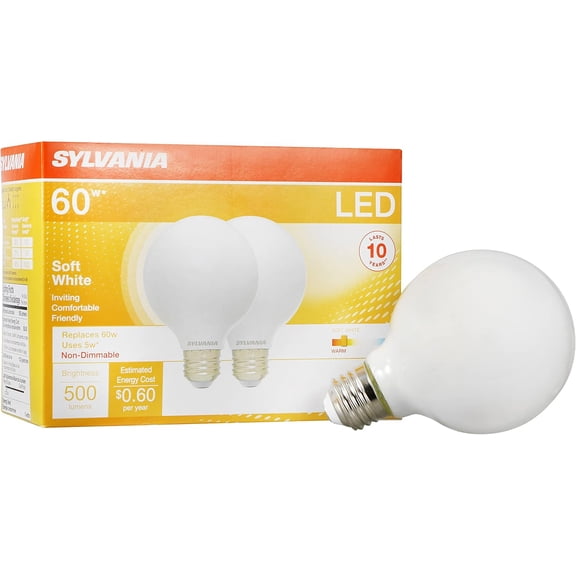 PLUHKN-Sylvania G25 Globe Dcor LED Light Bulb, 60W Equivalent Efficient 5W, 10 Year, Non-Dimmable, 500 Lumens, 2700K, Soft White, Frosted - 2 Pack (40215)