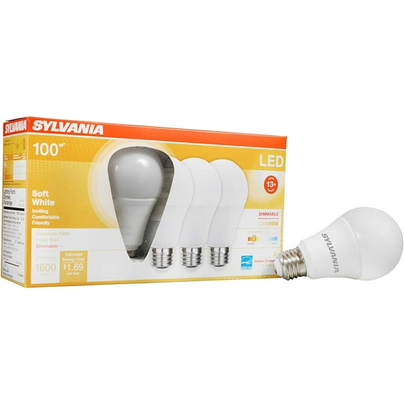 PLUHKN-Sylvania LED Light Bulb, A19, 100W Equivalent, Efficient 16W, 13 Year, Medium Base, Dimmable, Frosted, 2700K, Soft White - 4 Pack (40737)