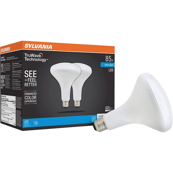 PLUHKN-Sylvania LED TruWave Natural Series BR40 Light Bulb, 85W Equivalent Efficient 12W, Medium Base, Dimmable, Frosted, 5000K, Daylight - 2 Pack (40787)