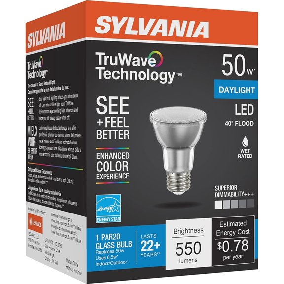 PLUHKN-Sylvania LED TruWave Natural Series PAR20 Light Bulb, 50W Equivalent, Efficient 6W, Medium Base, Dimmable, 5000K, Daylight - 1 Pack (40921)