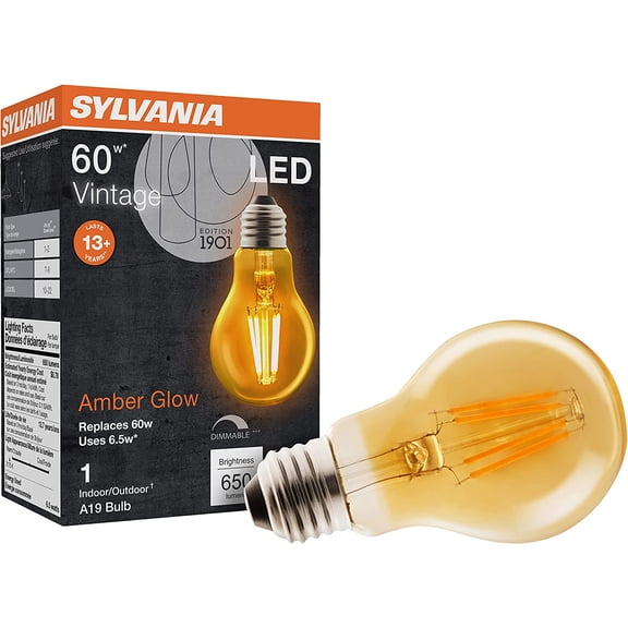 PLUHKN-Sylvania LED Vintage A19 Light Bulb, 60W Equivalent Efficient 6.5W, 13 Year, Dimmable, 650 Lumens, Amber Glow - 1 Pack (75349)