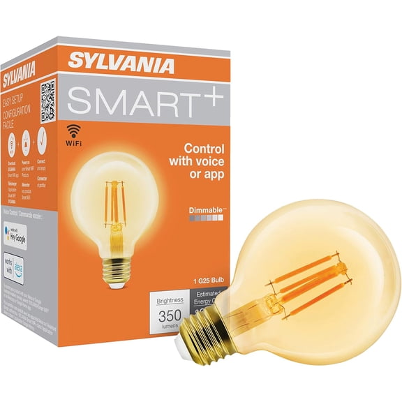 PLUHKN-Sylvania WiFi LED Smart G25 Amber Finish Light Bulb, 3.5W Efficient, for Alexa/Google Assistant, 2000K, No Hub Required - 1 Pack (75801)