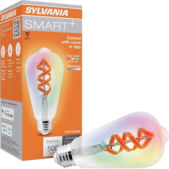 PLUHKN-Sylvania WiFi LED Smart ST19 RGBW Color and Amber Finish Filament Light Bulb, 7W Efficient, for Alexa/Google Assistant, 2000K, No Hub Required, Clear - 1 Pack (75809)