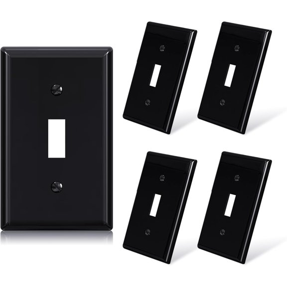 PLUHKN-Toggle Light Switch Wall Plate, 1-Gang Standard Size Switch Covers, Unbreakable Polycarbonate Replacement Faceplates Covers, UL Listed, Color-matched Screws Included (5 Pack, Glossy Black)