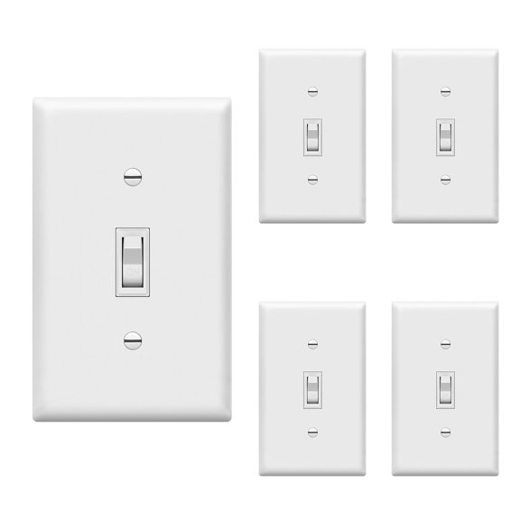PLUHKN-Toggle Light Wall Plate Bundle, Single Pole Electrical Switch, 15A 120-277V, Grounding Screw, Residential Grade, UL Listed, 88115-WWP-5PCS, White (5 Pack)