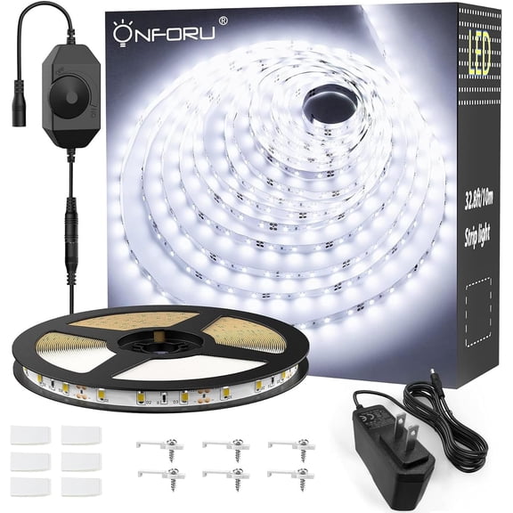 PLUHKN-White LED Strip Lights, 32.8FT 6000K Super Bright Dimmable Tape Light Kit, 600 LEDs Daylight Easter Rope Light, 12V Flexible Strip Lighting for Mirror, Under Cabinet, Home, Bedroom