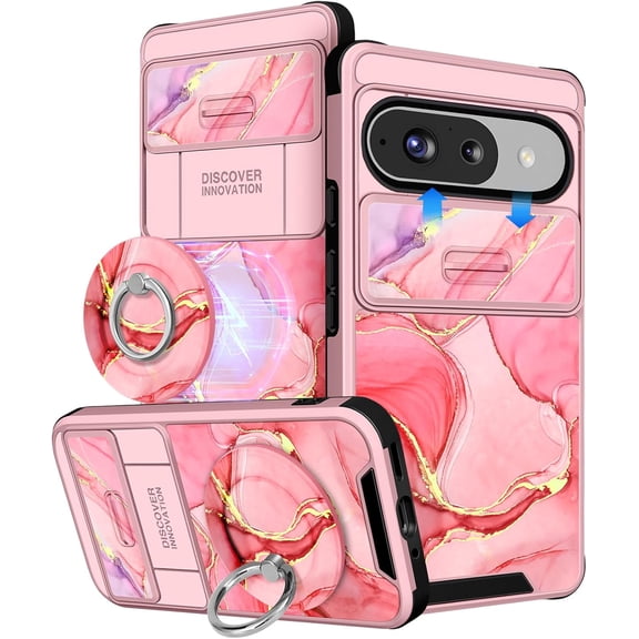 PLUHKN-for Google Pixel 9 Case/Pixel 9 Pro Case - with Ring Stand & Camera Cover Aesthetic Cute Designed Women Girls Pretty Girly Fashion Teens for Pixel 9/9 Pro Phone Case Compatible with Magsafe