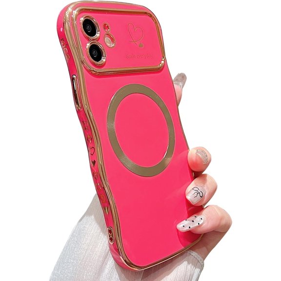 PLUHKN-for iPhone 12 Case Magnetic,for Women Girls Soft Cute Wave Frame Curly Shape Love Heart Luxury Plating Phone Case Compatible with MagSafe Shockproof Back Cover 6.1"-Hot Pink