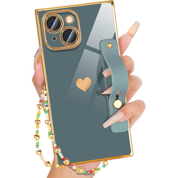 PLUHKN-for iPhone 13 Case Stand/String, Luxury Cute Women Girls Heart Electroplated Designer Phone Cases for 13, Grey Blue