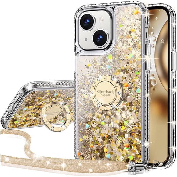 PLUHKN-for iPhone 13 Mini Case with Ring Stand, Women Girls Bling Holographic Sparkle Glitter Cute Cover, Diamond Ring Protective Phone Case for iPhone 13 Mini 5.4'' - Gold