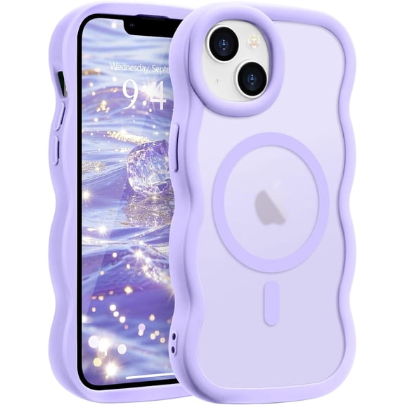 PLUHKN-for iPhone 14/15 Plus Case, Curly Wave Frame Hard Translucent Clear Cover for Women Men Compatible with Magsafe TPU Shockproof Protective Phone Case for iPhone 15/14 Plus, Lavender