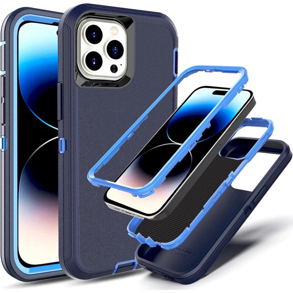 PLUHKN-for iPhone 14 Pro Case Shockproof Dropproof Dust-Proof Drop Proof 3-in-1 Durable Phone Case Heavy Duty Protection Phone Case Cover for Apple iPhone 14 Pro 6.1 Blue/Blue