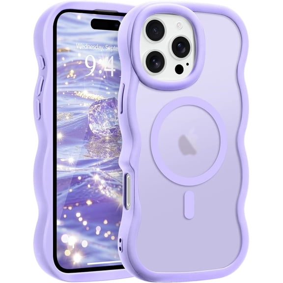 PLUHKN-for iPhone 16 Pro Case, Curly Wavy Frame Hard Translucent Matte Clear Back Cover for Women Men Compatible with Magsafe Shockproof TPU Bumper Phone Case for iPhone 16 Pro, Lavender
