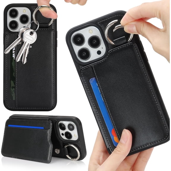PLUHKN-for iPhone 16 case with Card Holder iPhone 16 Cases Wallet with Keychain Ring and Stand PU Leather Phone case-Black