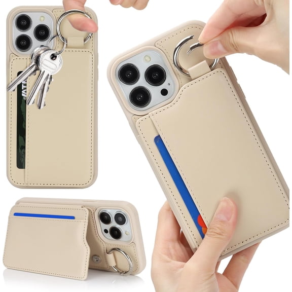 PLUHKN-for iPhone 16 case with Card Holder iPhone 16 case Wallet with Keychain Ring and Stand PU Leather Phone case-Off-White