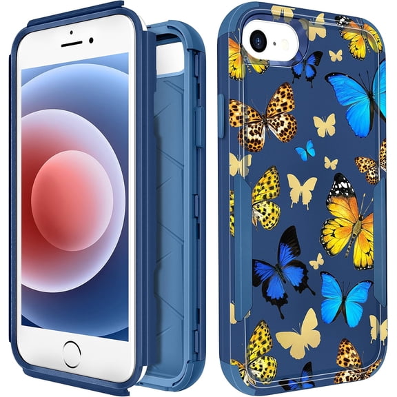 PLUHKN-for iPhone SE Case 2020/2022/3rd Generation, for iPhone 8/7 Case, Heavy Duty Protective Blue Butterflies Cute Phone Cover for Women Men Girls Boys Hard Cases for iPhone 7/8/SE