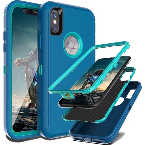 PLUHKN-for iPhone X Case iPhone Xs Case Shockproof Dropproof Dust-Proof Drop Proof 3-Layer Durable Phone Case Heavy Duty Protection Phone Case Cover for Apple iPhone X/Xs 5.8 Blue and Turquoise