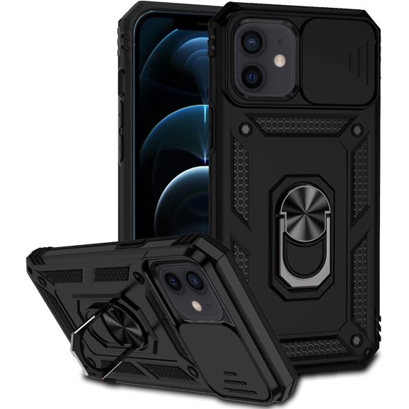 PLUHKN-iPhone 12/12 pro case, iPhone 12/12 pro Case with Camera Cover & Kickstand Military Grade Shockproof Heavy Duty Protective with Magnetic Case for iPhone 12/12 pro Black