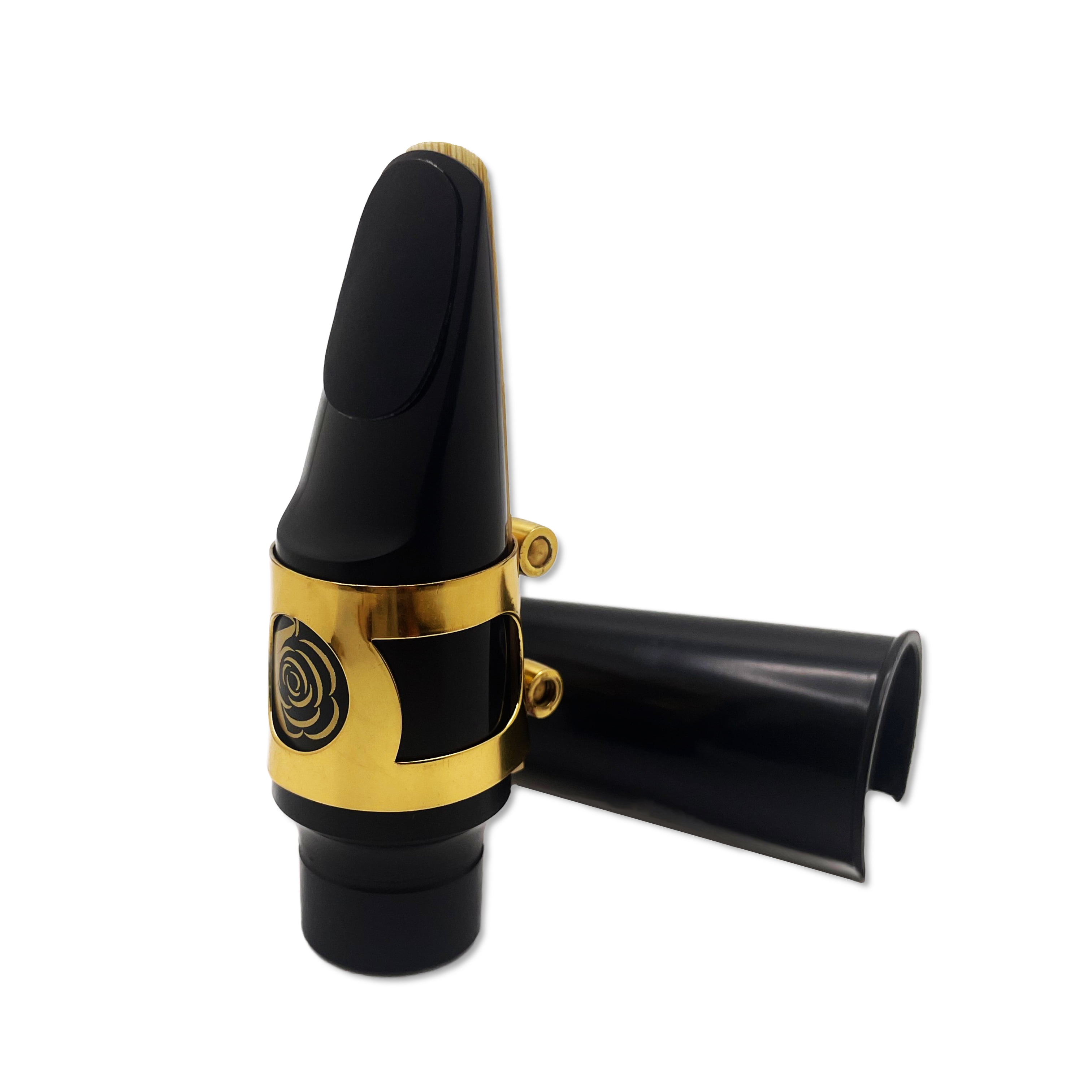 PLUM ROSE Alto Saxophone Mouthpiece Kit with Ligature, One Reed, and Plastic Cap (Black with Gold Ligature 4C) for Sax in the key of Eb
