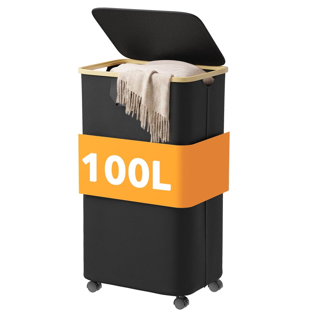 PLUMEBAY 100L Laundry Hamper with Wheels and Lid, Rolling Tall Clothes Basket with Bamboo Handle, Black