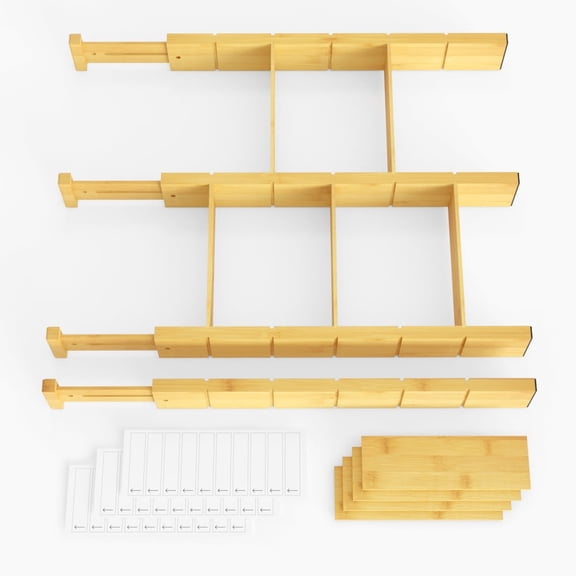 PLUMEBAY Bamboo Drawer Dividers (1722 in Natural) with Inserts and Labels, Adjustable Expandable Drawer Organizers for Kitchen, Dresser and Office, 4 Dividers