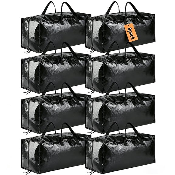 PLUMEBAY Heavy Duty Moving Bags, 8 Pack Extra Large Storage Bags with Backpack Straps, 29 x 13 x 14 Inch, Black
