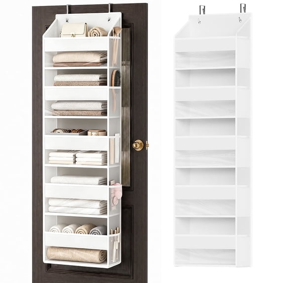 PLUMEBAY Over The Door Organizer, 5 Layer Hanging Storage with Clear Window and Mesh Side Pockets, White