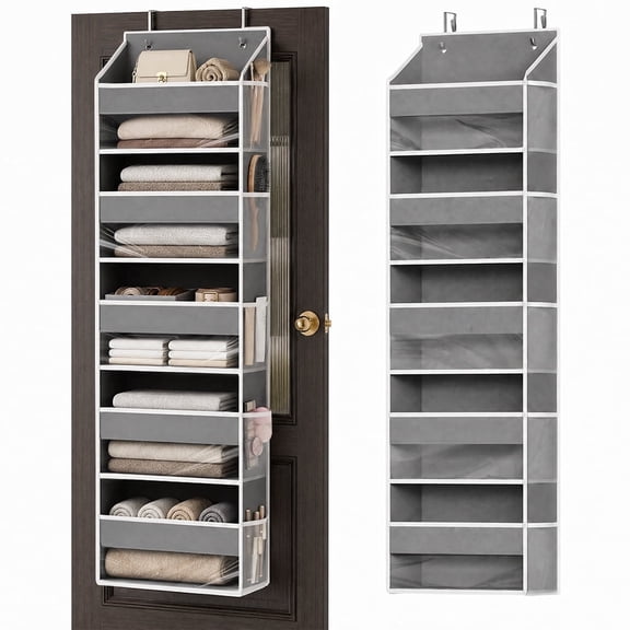 PLUMEBAY Over The Door Organizer, 5 Layer Hanging Storage with Clear Window and Mesh Side Pockets, Gray