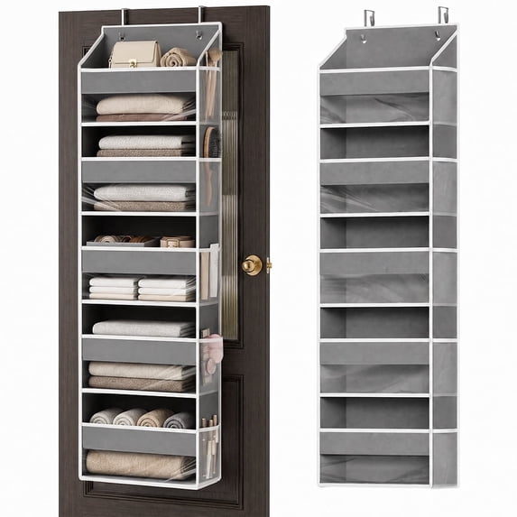 PLUMEBAY Over The Door Organizer, 5 Layer Hanging Storage with Clear Window and Mesh Side Pockets, Gray