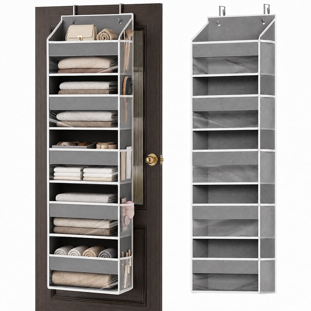 PLUMEBAY Over The Door Organizer, 5 Layer Hanging Storage with Clear Window and Mesh Side Pockets, Gray