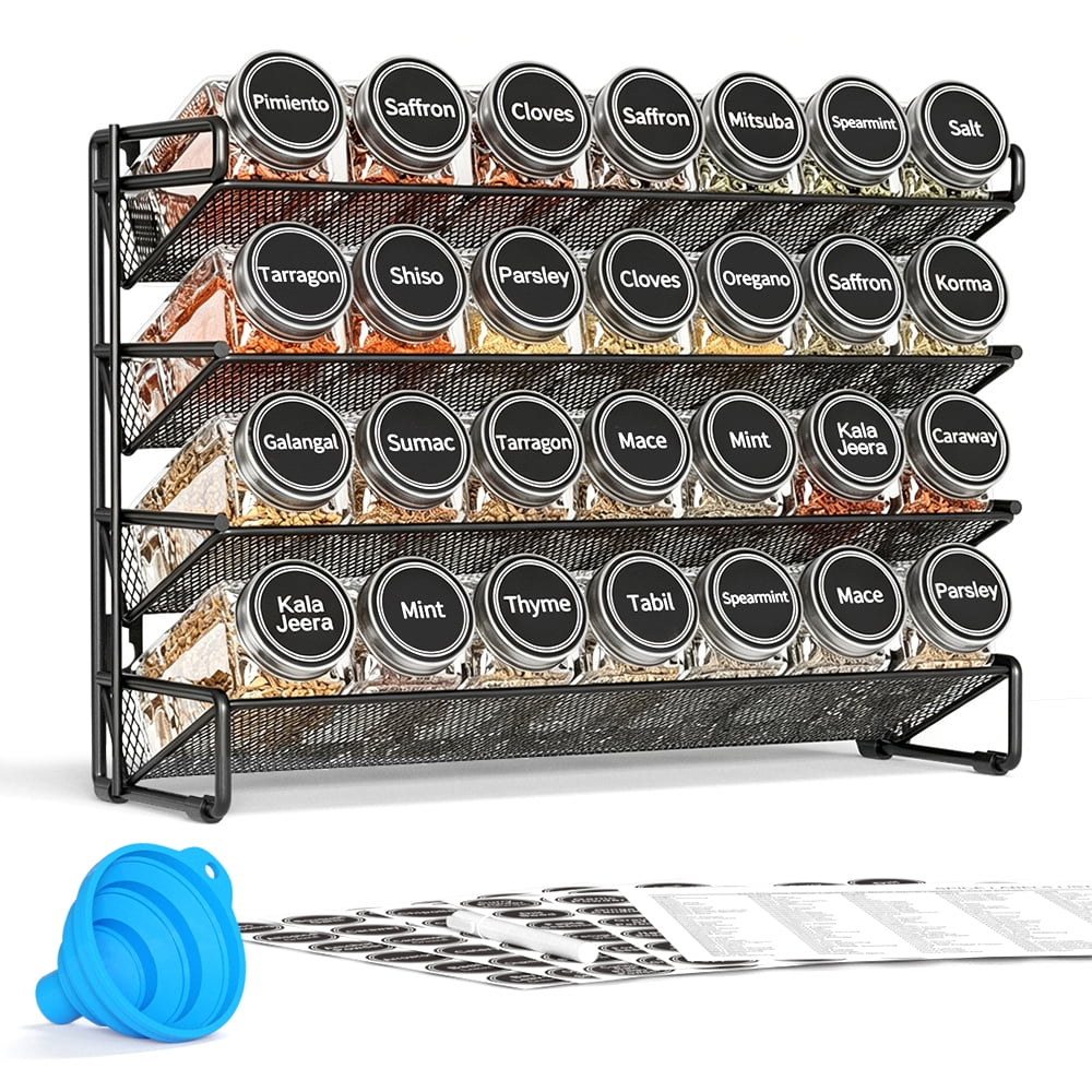 PLUMEBAY Spice Rack Organizer with 28 Jars, Black – Countertop or Wall Mount