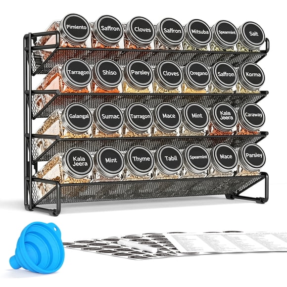 PLUMEBAY Spice Rack Organizer with 28 Jars, Black  Countertop or Wall Mount