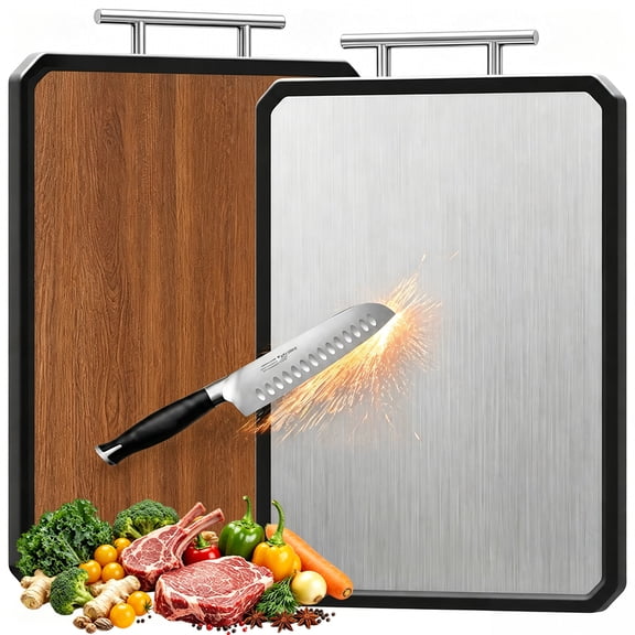 PLUMEBAY Stainless Steel Cutting Board, 16 x 11 Inch Double Sided Wood and 304 Steel Chopping Board with Handle