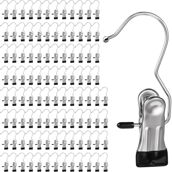 PLUMYHG-100 Pack Boot Hanger Clips Hooks, Heavy Duty Laundry Hooks with Clip, Portable Stainless Steel Clothes Pins Boot Clips for Hanging, Socks Towels Hats Pants Holder for Travel, Closet