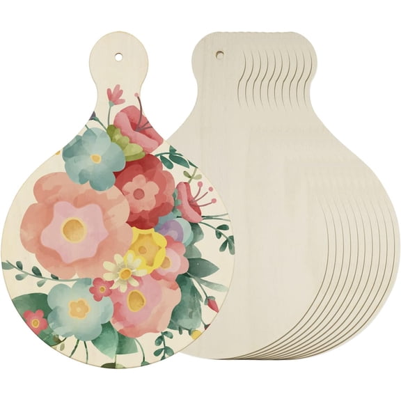 PLUMYHG-12 Pack Mini Wooden Cutting Board Craft with Handle Bulk Pack, Wholesale Multi-Pack Kitchen Board Cooking Butcher Block, DIY Home Cooking Vegetables Decor (Round, 9" x 6")