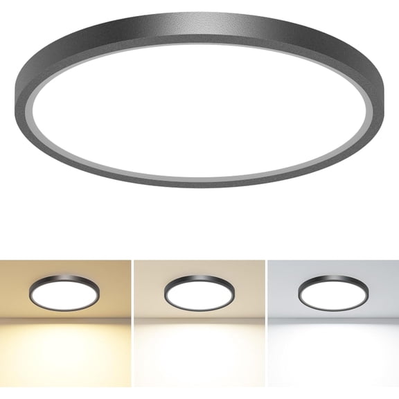 PLUMYHG-1PACK LED Flush Mount Ceiling Light Fixture, 3000K-4000K-6500K & 100W Equivalent Modern Kitchen Ceiling Lamp 24W 3200Lm 12 Inch Closet Round Surface for Bathroom Laundry Bedroom Hallway, Blac