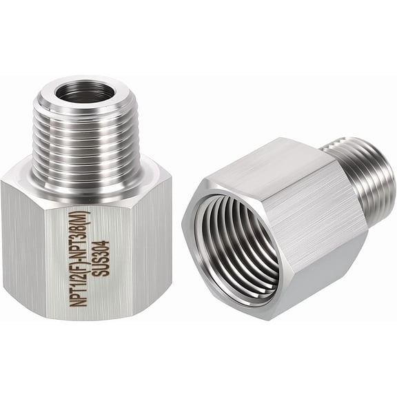 PLUMYHG-2 Pack 304 Stainless Steel FeMale to Male Adapter, 1/2" FeMale NPT x 3/8" Male NPT Nipple Pipe Extension Connectors for Industrial, Fluid Transfer, Home Gardening, Water Treatment