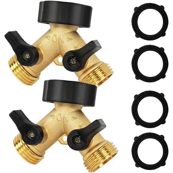 PLUMYHG-2 Pack Brass Garden Hose Splitter 2 Way, 3/4 Inch Hose Connector Tap Splitter, Hose Y Splitter, Hose Spigot Adapter 2 Valves with 4 Extra Rubber Washers