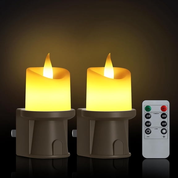 PLUMYHG-2 Pack Flameless Candle Nightlight Plug Into Wall, Electronic Candle Outlet Plugs w/Dusk Dawn Sensor Auto Switch On/Off for Home, Bathroom, Window Decorative Include Remote Timer Function (Br