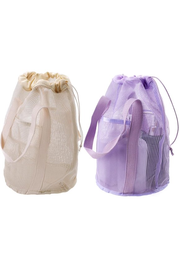-2 Packs Shower Caddy Portable Hanging, Sandproof Mesh Beach Bag, Drawstring Shower Bag with 2 Pockets for Camping Traveling Dorm Men Women Gym College Bathroom Toiletry (purple&white)