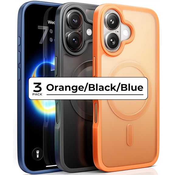 PLUMYHG-3-Pack Magnetic Shockproof for iPhone 17 Case Slim [Fit for MagSafe][Military Grade Drop Protection] Translucent Matte Phone Case for i Phone 17, Cosmic Orange, Space Black, Deep Blue