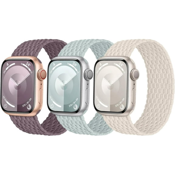 PLUMYHG-3 Pack Stretchy Braided Solo Loop Compatible with Apple Watch Bands 40mm 41mm 42mm 38mm 44mm 45mm 46mm 49mm Women Men, Elastic Nylon Solace Strap for iWatch Series 11 10 9 8 7 6 5 4 3 Ultra/S