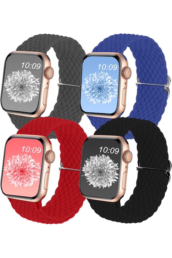 -4Pack Braided Solo Loop Compatible with Apple Watch Band 38mm 40mm 41mm 42mm 44mm 45mm 46mm 49mm, Washable Stretchy Woven Nylon Strap Women Men for iWatch Bands Series 11 10 9 8 7 6 5 4 3 2 1