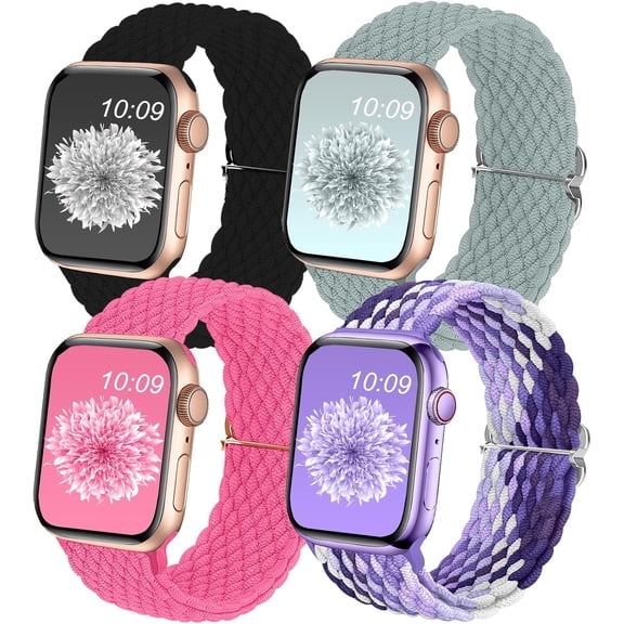 PLUMYHG-4Pack Braided Solo Loop Compatible with Apple Watch Band 38mm 40mm 41mm 42mm 44mm 45mm 46mm 49mm, Washable Stretchy Woven Nylon Strap Women Men for iWatch Bands Series 11 10 9 8 7 6 5 4 3 2 1