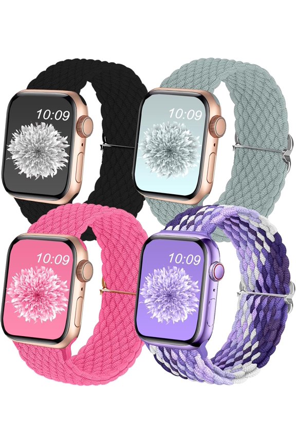 -4Pack Braided Solo Loop Compatible with Apple Watch Band 38mm 40mm 41mm 42mm 44mm 45mm 46mm 49mm, Washable Stretchy Woven Nylon Strap Women Men for iWatch Bands Series 11 10 9 8 7 6 5 4 3 2 1