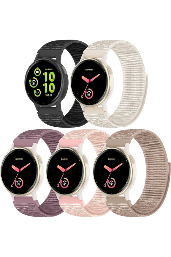 -5 Pack Hook and Loop Nylon Watch Band Compatible with Garmin Forerunne 55/165/245/645/570 42mm/Vivoactive/6/5/3,20mm Soft Lightweiht Sport Adjustable Strap for Garmin Venu sq 2 Accessory