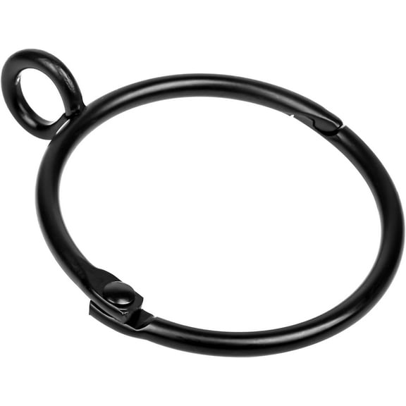 PLUMYHG-50-Pack Black Curtain Rings with Eyelets, Metal 1.25 Inch Drapery Ring, Hinge Snap-Joint Design, Fits Up to 1-Inch Curtain Rods