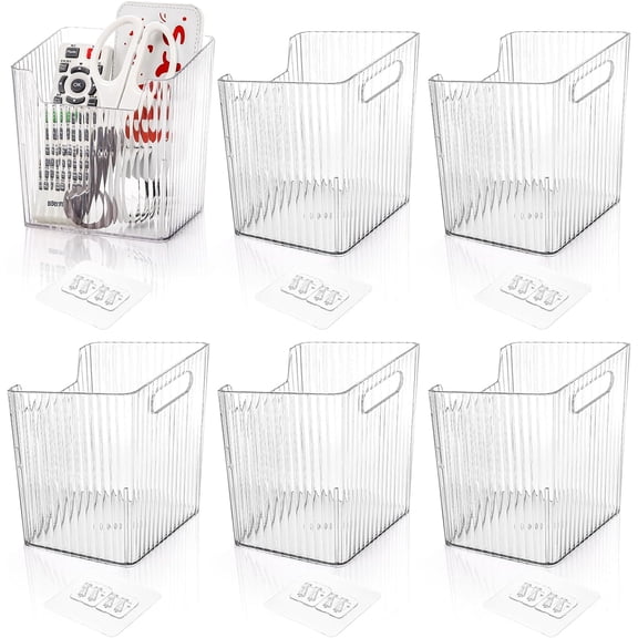 PLUMYHG-6 Pack Wall Mount Storage Bins, Plastic Hanging Bin with Self-Adhesive Hooks, Stackable Storage Organizer Holder Basket for Walls, Kitchen, Bathroom, Freezer, Under Sink