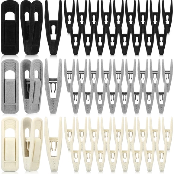 PLUMYHG-60 Pcs Velvet Hanger Clip Non-Slip Clothes Hanger Clips Black Gray Beige Large Opening Clothes Pin for Skirt Pants Sock Suit Hang Food